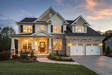 Modern luxury home exterior at dusk with glowing windows, manicured lawn, stylish porch, garage, and elegant design. Ideal for real estate, architecture, and property listings.