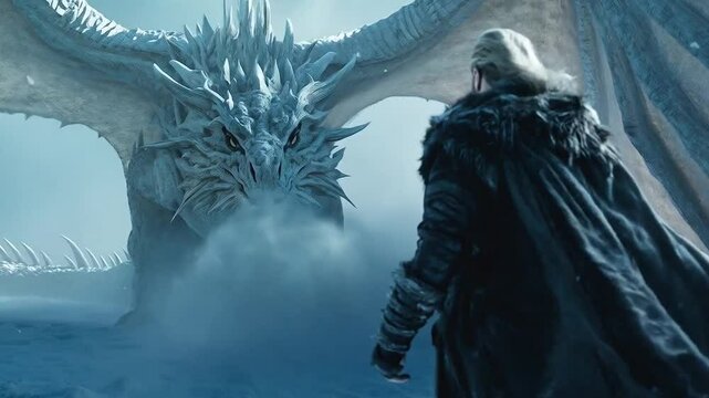 A lone warrior clad in a black fur cloak stands defiantly on a snow-covered battlefield, facing a towering, menacing dragon mid-roar. Snow swirls around them in the icy wind. The scene is lit with dra