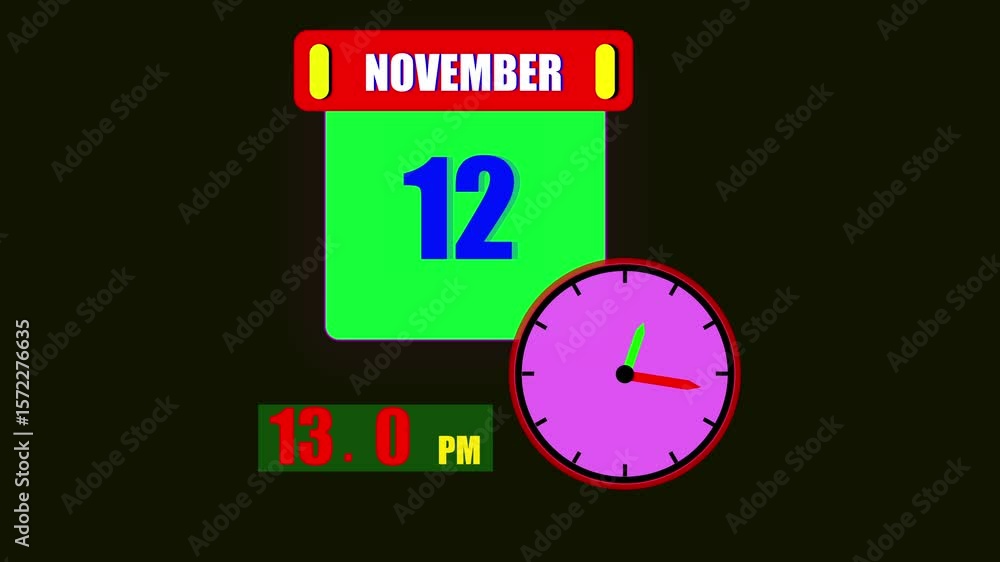 Aufkleber calendar displaying november 12th day with a clock and 24 hours counting the current time on a dark 