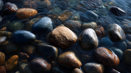 Submerged Stone Serenity: A collection of smooth, colorful stones lies partially submerged in crystal-clear water.