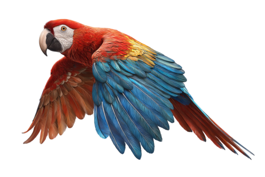 Vibrant macaw parrot isolated on transparent background - high resolution PNG cutout for design projects