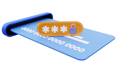 Concept of transaction security, financial protection, secure payment, credit card and personal lock code. 3D illustration.