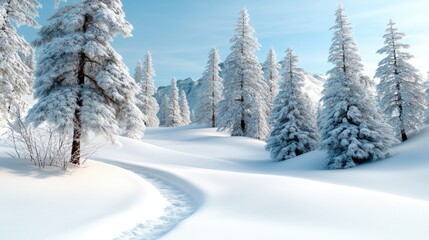 Forest of pine trees covered in snow, their branches heavy with the weight of winter.