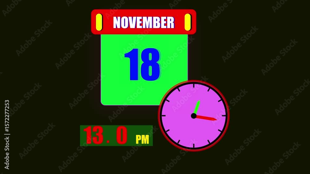 Poster calendar displaying november 18th day with a clock and 24 hours counting the current time on a dark 