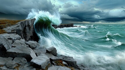 Powerful waves shape marks in the eroded cliffs, as the ocean roars beneath a stormy sky.