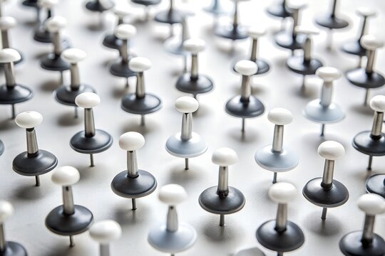 A patterned array of black, white, and gray pushpins creates a structured and organized surface