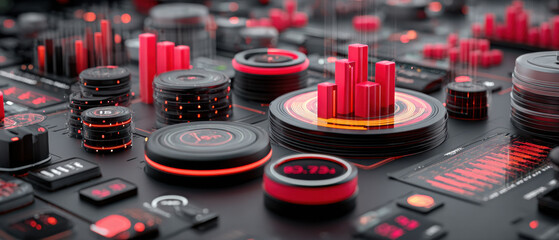 Futuristic data visualization with vibrant red and black elements, showcasing graphs, charts, and digital interfaces