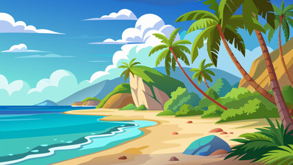 Serene Tropical Beach Landscape. Palm Trees. Ocean. and Sandy Shores