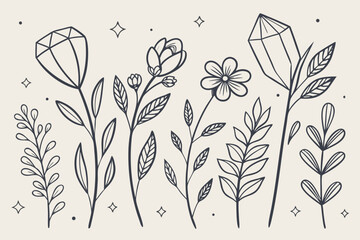 Delicate line art of flowers and crystals with stars and dots