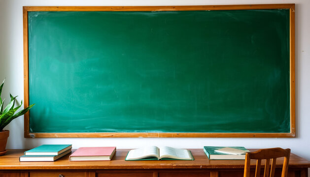 Empty green chalkboard in classroom - classic education backdrop for teaching content or school promotions