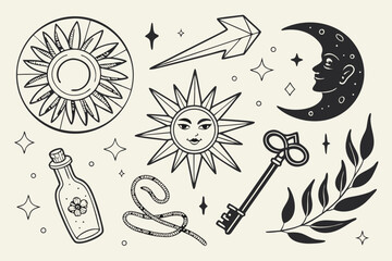 Mystical celestial elements collection featuring sun moon stars key and potion