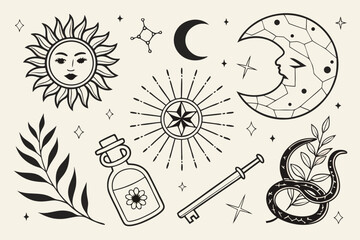 Mystical celestial symbols collection with sun moon snake and magic potion