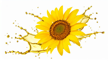 Sunflower seed oil with sunflower flowers against a white isolated background.