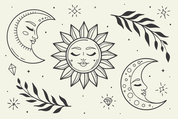 Bohemian style sun and crescent moon with celestial elements and floral branches
