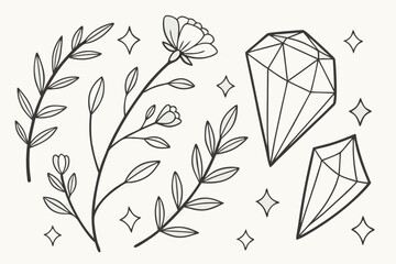 Delicate floral branches and sparkling diamonds in a simple line art style