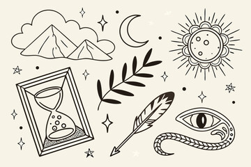 Mystical symbols collection featuring hourglass moon sun eye and mountains