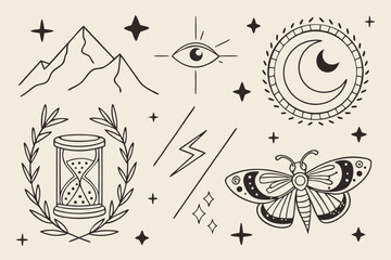 Mystical celestial and nature elements collection with moon eye hourglass and moth