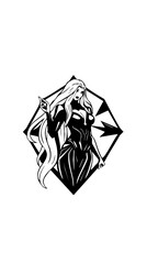 A fantasy female character standing with long flowing hair, wearing fitted armor-like clothing, hand placed on her forehead in a thoughtful pose, framed within a geometric diamond-shaped border, rende