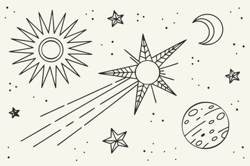 Whimsical hand drawn celestial bodies including sun moon stars and planet