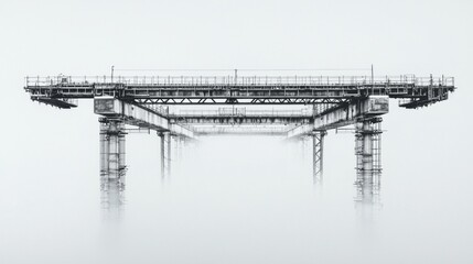 Fototapeta premium Industrial structure emerges from the mist at dusk, blending architecture and nature in a unique landscape
