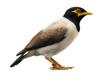 Isolated mynah bird perched on branch in PNG style with transparent background for easy cutout use