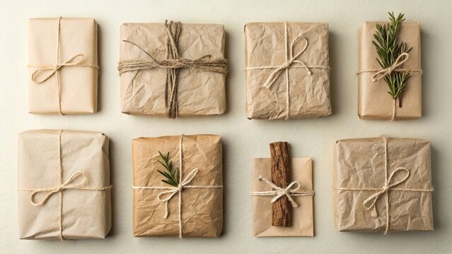 Eight rustic brown paper wrapped gifts tied with twine and decorated with rosemary and cinnamon