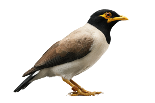 Isolated mynah bird perched on branch in PNG style with transparent background for easy cutout use