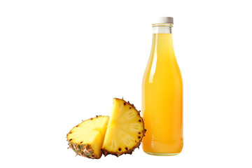 Freshly squeezed pineapple juice in a glass bottle with pineapple slices