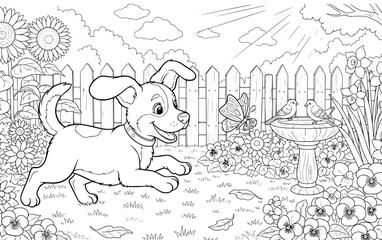 Fototapeta premium Playful Dog in Backyard Garden with Butterflies and Flowers Coloring Page