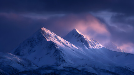 Majestic Mountain Peaks: Towering snow-covered peaks stand majestically beneath a dramatic sky. The scene evokes a sense of awe and the raw power of nature.