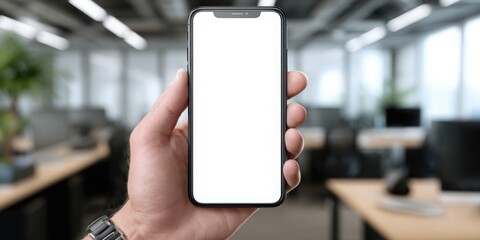 A close-up of a person's hands holding a smartphone with a blank white screen, ready for content. The background is a soft, blurred office environment.