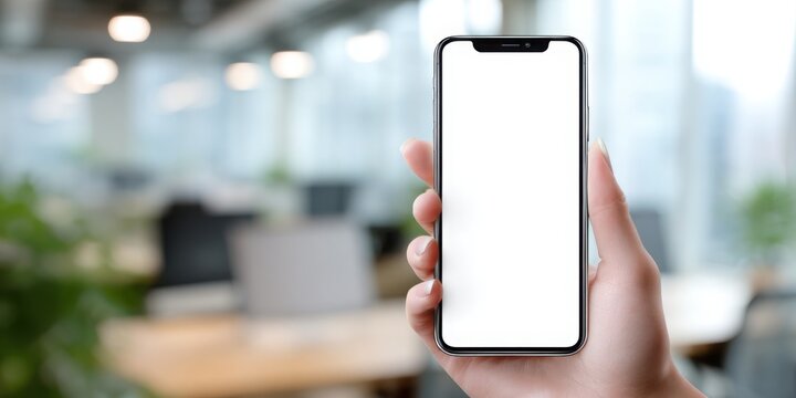 A close-up of a person's hands holding a smartphone with a blank white screen, ready for content. The background is a soft, blurred office environment.