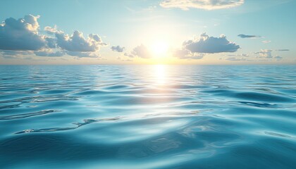 Obraz premium Calm blue ocean water reflects a bright sun and fluffy clouds above. Use for relaxation, vacation, meditation or calming backgrounds.