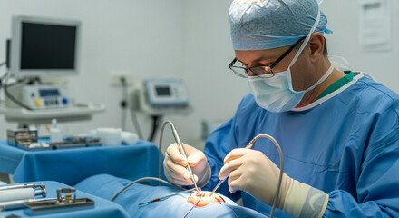 A team of dental surgeons in full surgical attire performing an implant procedure in a sterile operating room