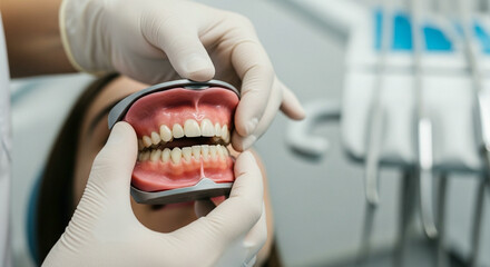 A dentist's gloved hand holding a full set of dentures or a dental prosthesis model