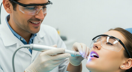 A happy male dentist giving whitening treatment next to a smiling female patient