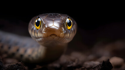 Fototapeta premium Serpentine Stare: A close-up portrait of a snake reveals captivating details, its eyes shining with an uncanny intensity, conveying a sense of both beauty and wildness.