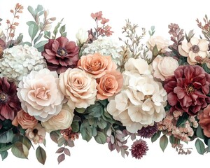 Elegant floral arrangement featuring roses, anemones, and hydrangeas. Use it for romantic backgrounds, greeting cards, and invitation designs.