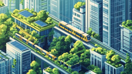 Eco-friendly cityscape with vision of sustainable urban living for green infrastructure clean energy smart transportation modern architecture environmentally conscious future city concept.