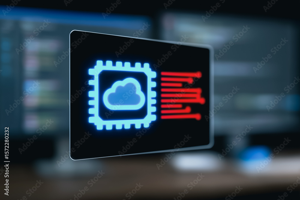 Poster cloud computing: a glowing icon of cloud technology floats above lines of code, symbolizing the seam