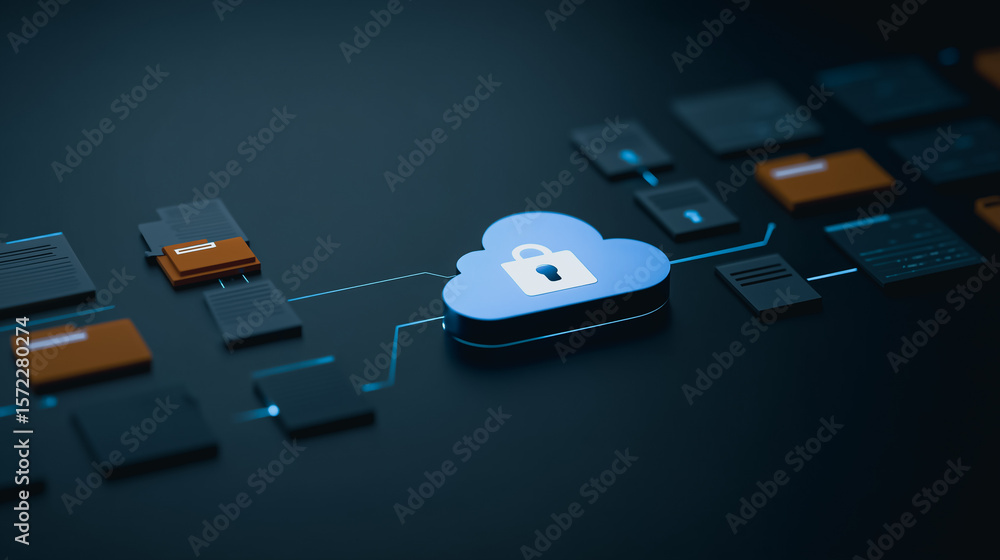 Poster cloud storage and security: a digital illustration showing the secure connection and storage of data