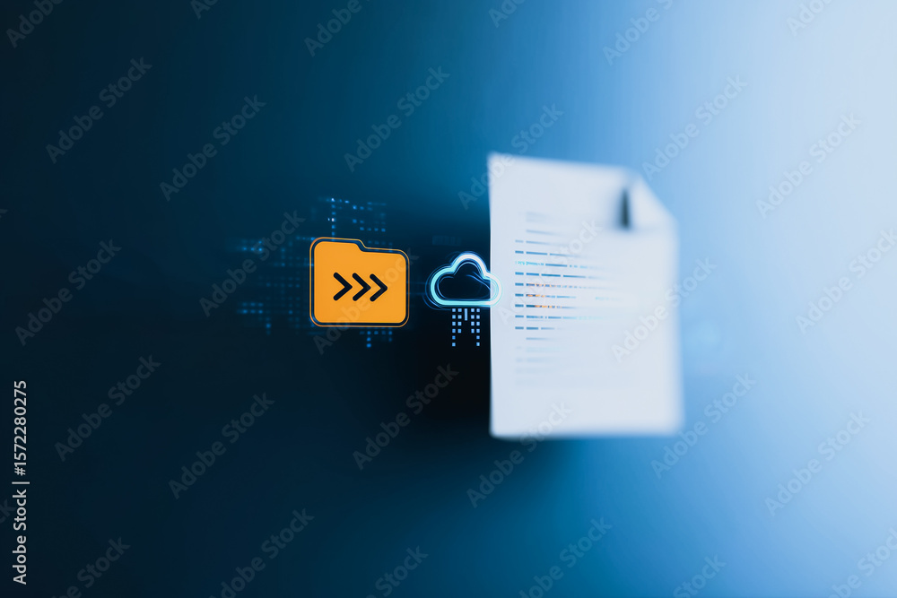 Poster cloud data storage: secure data transfer to cloud storage. digital document uploads to a cloud serve