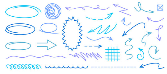 Cool blue watercolor arrows and outlined shapes with liquid edge texture for calm concept visuals and diary pages
