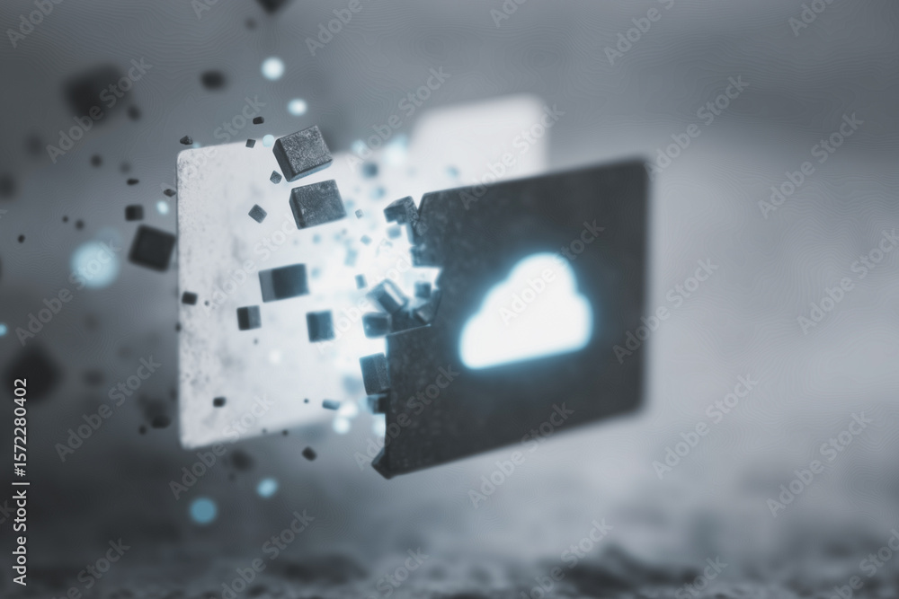 Poster cloud data migration: abstract digital concept showcasing data migration to the cloud, symbolized by