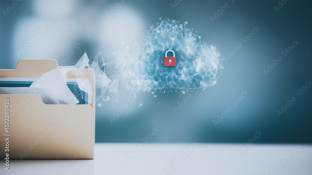Poster secured cloud data: a digital representation showcasing a locked cloud symbol, illustrating data sec