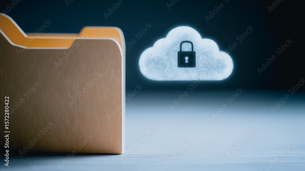 Poster cloud security: a striking conceptual image of a secure cloud, featuring a glowing cloud icon with a