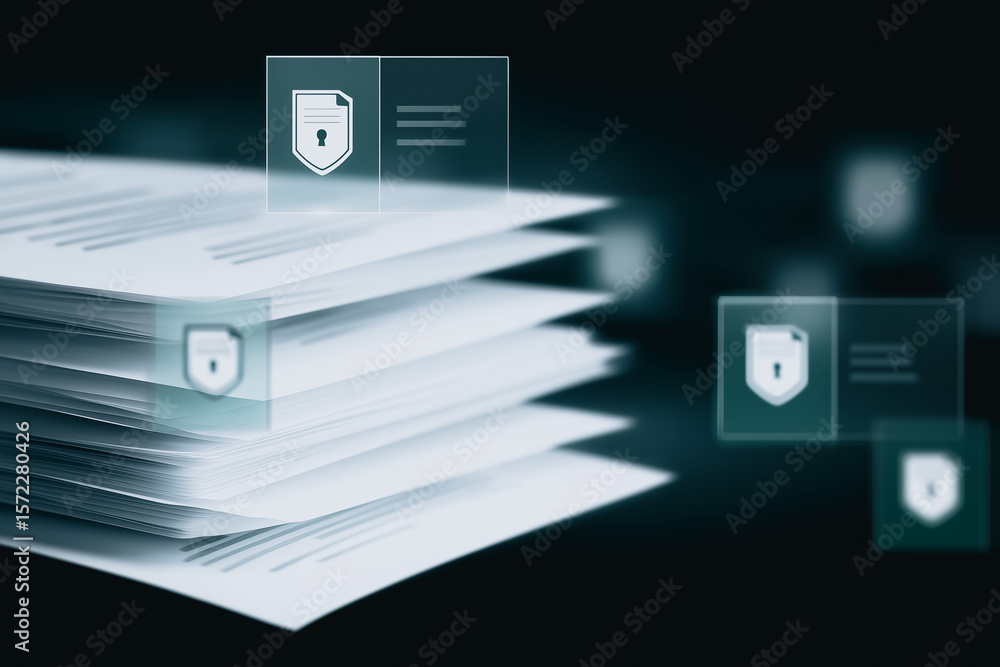 Poster secured documentation: a close-up image of a stack of important documents with digital security icon