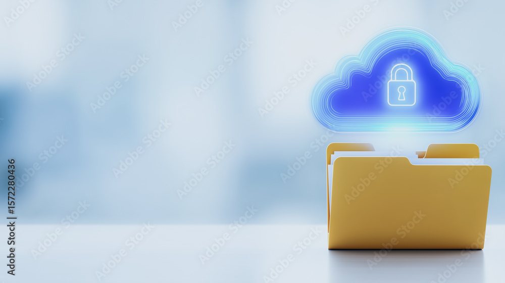 Poster secure cloud storage: a yellow folder sits on a table, symbolizing data storage, with a glowing blue