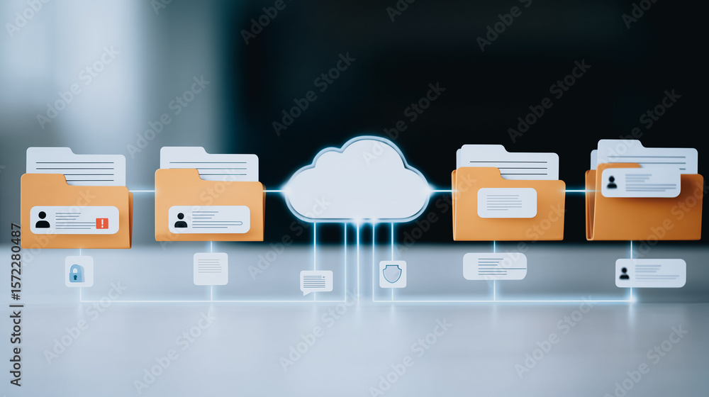 Poster cloud data connectivity: digitized file folders linked to a cloud storage symbol, highlighting netwo