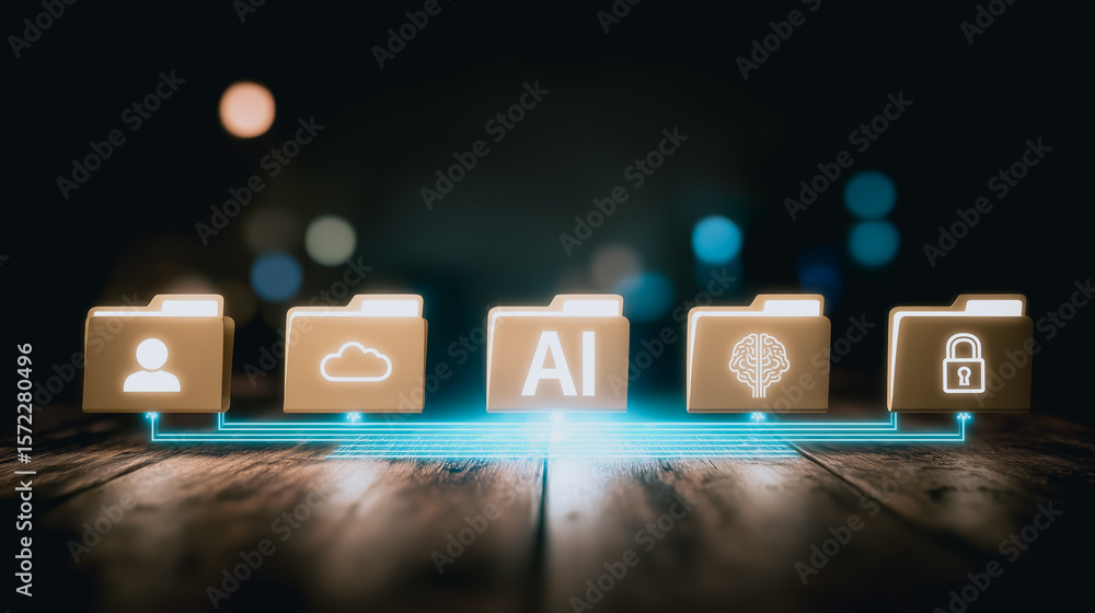 Poster data in the future: an innovative and aesthetic design, featuring file folder icons and connecting l